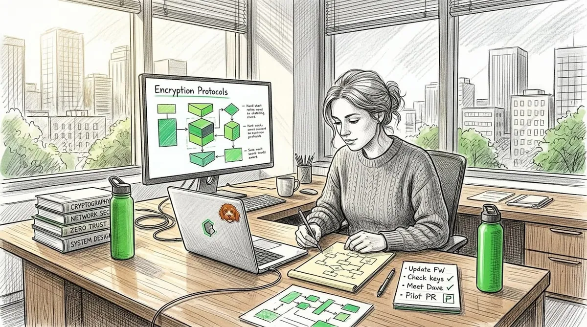 Engineer sketching encryption protocol diagram