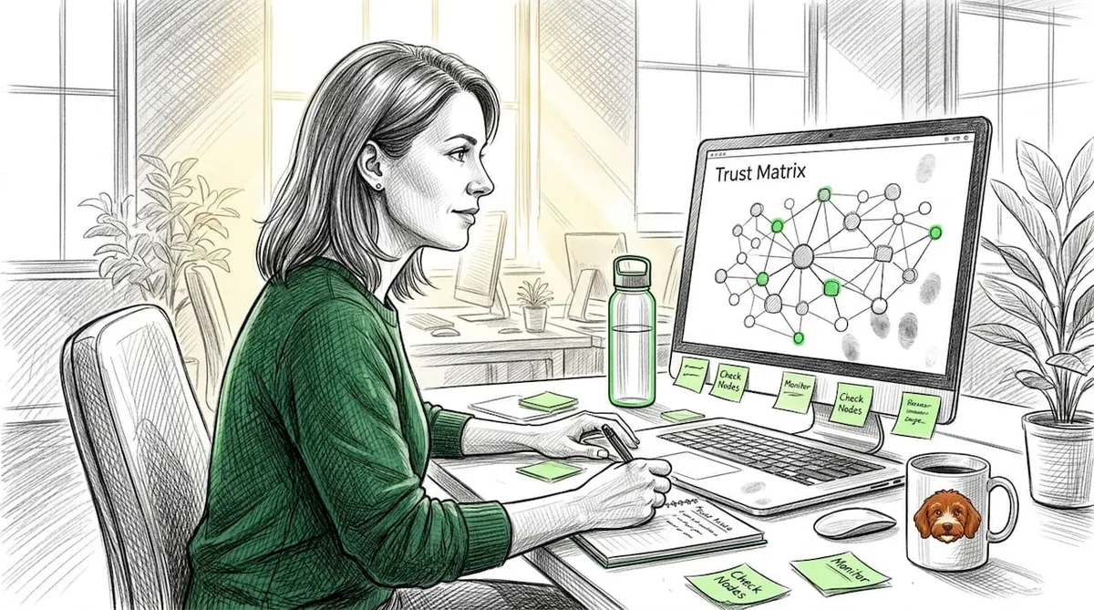 Woman reviewing AI agent network trust diagram